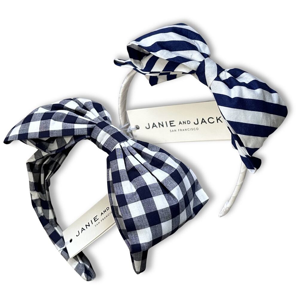 Janie and Jack NEW Set (2) Headbands Navy White Large Bow Gingham & Striped